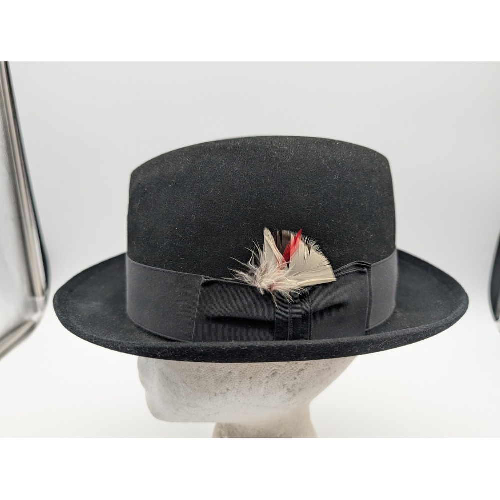Vintage Dobbs Fifth Avenue Black Fur Felt Fedora Hat Size 7 1/4 Feather Accent